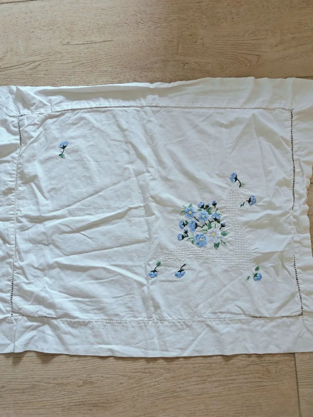 Hand Embroidered Cotton Pillow Sham Blue Floral Hemstitch 29x23.5